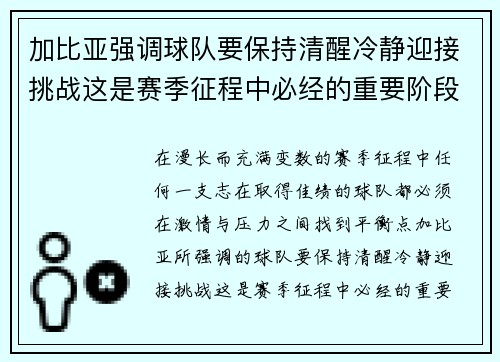 加比亚强调球队要保持清醒冷静迎接挑战这是赛季征程中必经的重要阶段